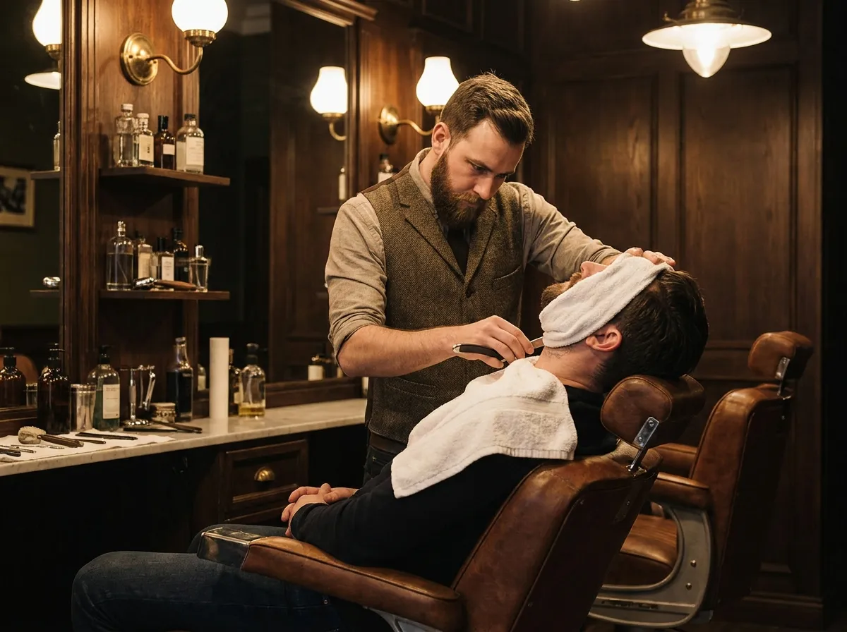 Barber giving a classic hot-towel straight-razor shave