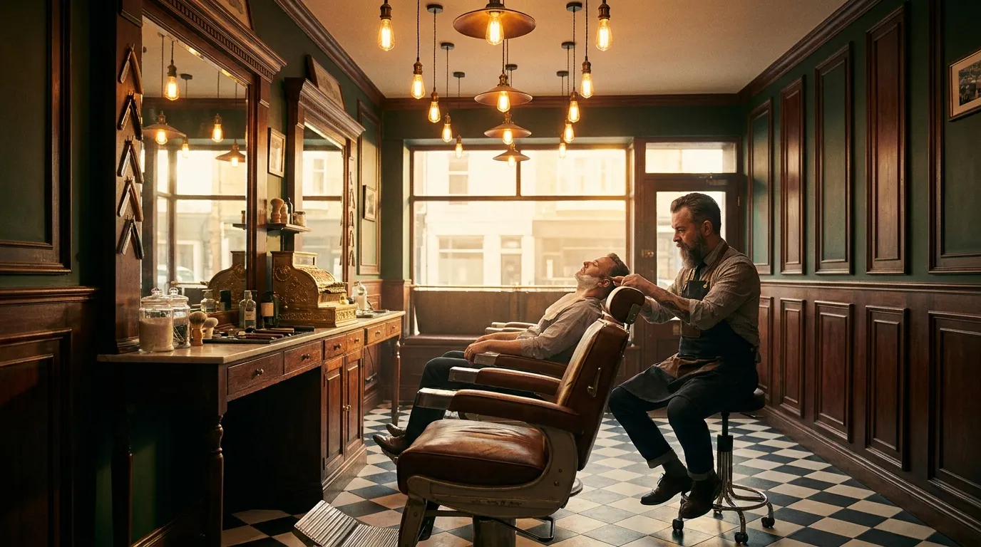 Barber giving a precise haircut inside a warmly lit vintage barber shop